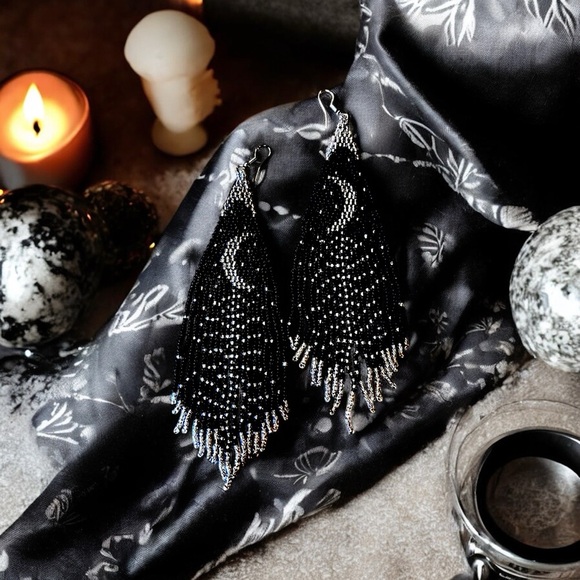 Witchy Boho Gothic Black and Silver Beaded Chandelier Earrings Cascading Fringe - Picture 14 of 17